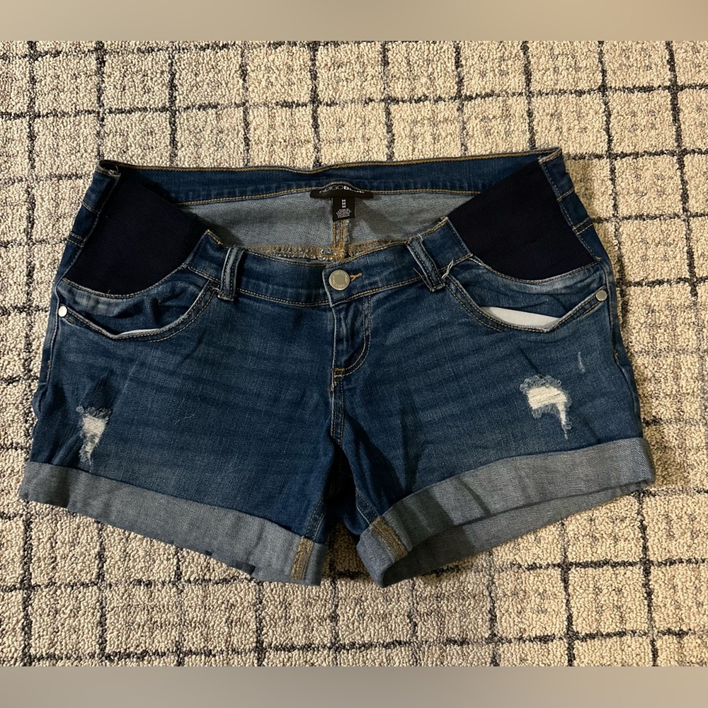 Indigo Blue. Side Panel Maternity Jean Shorts.